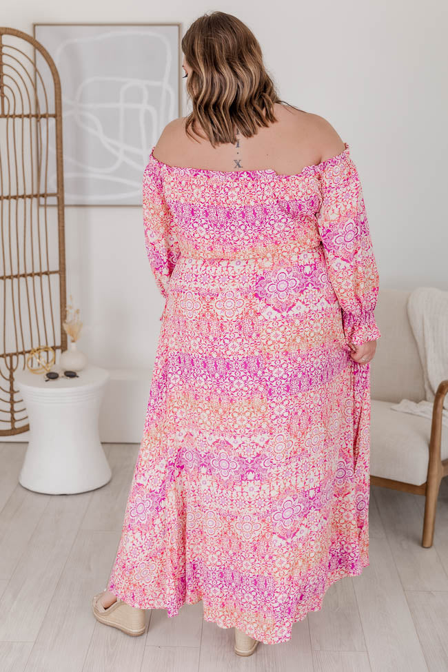 Dynamic Love Pink Printed Off The Shoulder Maxi Dress FINAL SALE Clearance For Cheap