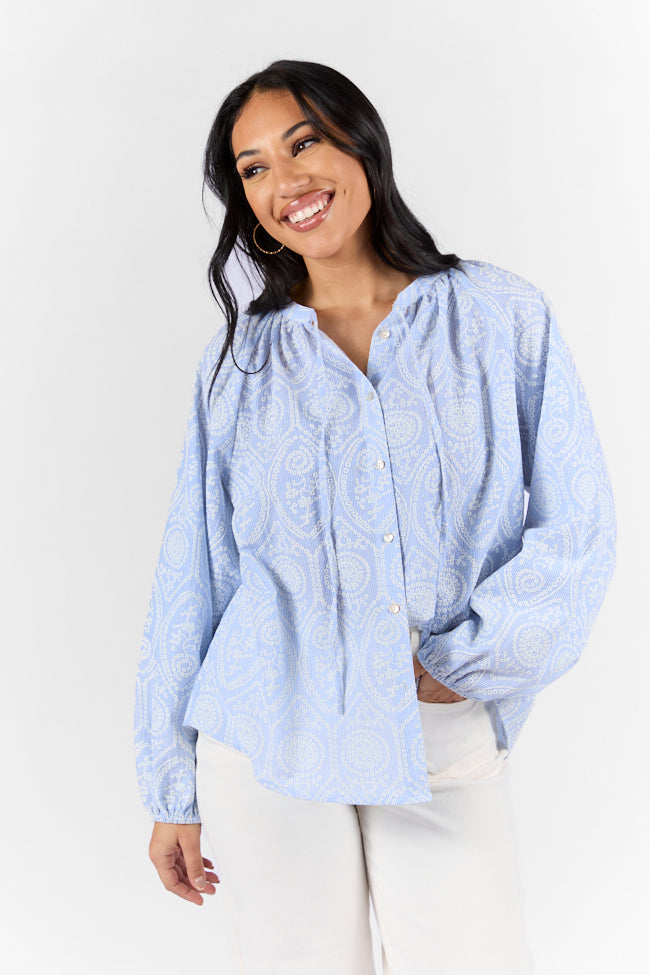 Downtown Delight Blue Embroidered Woven Button Down Blouse Discount Footlocker Pictures