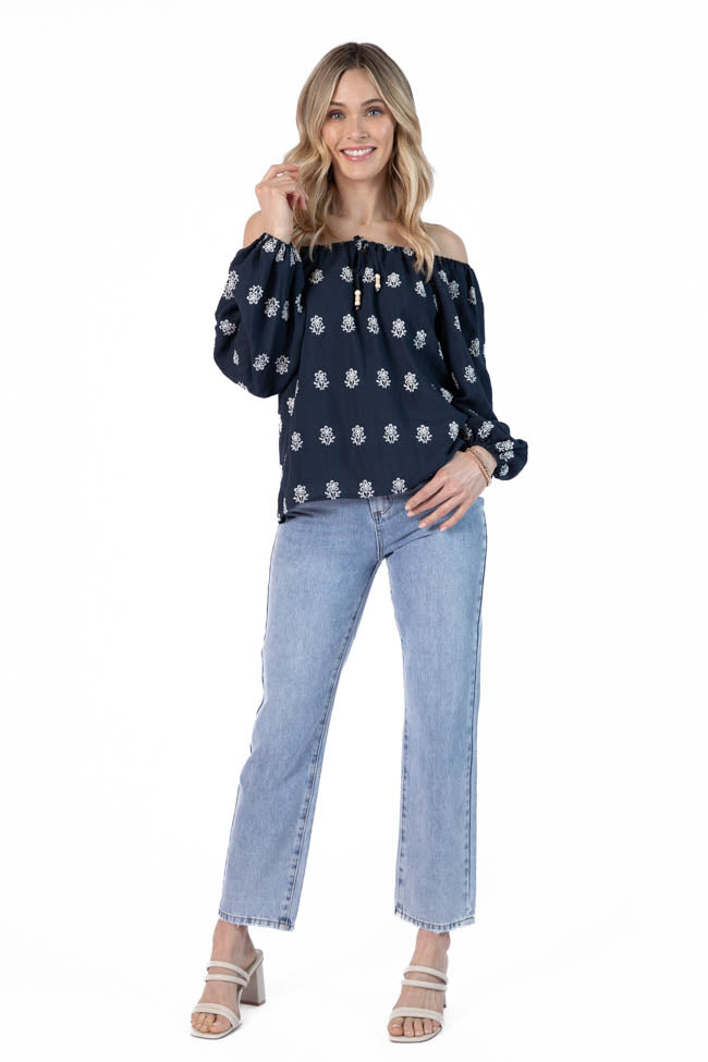 Come Along Navy Embroidered Woven Pop Over Blouse Buy Online Cheap