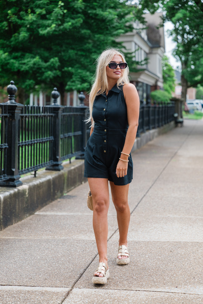 Somewhere Sunny Black Collared Button Up Romper Websites For Sale