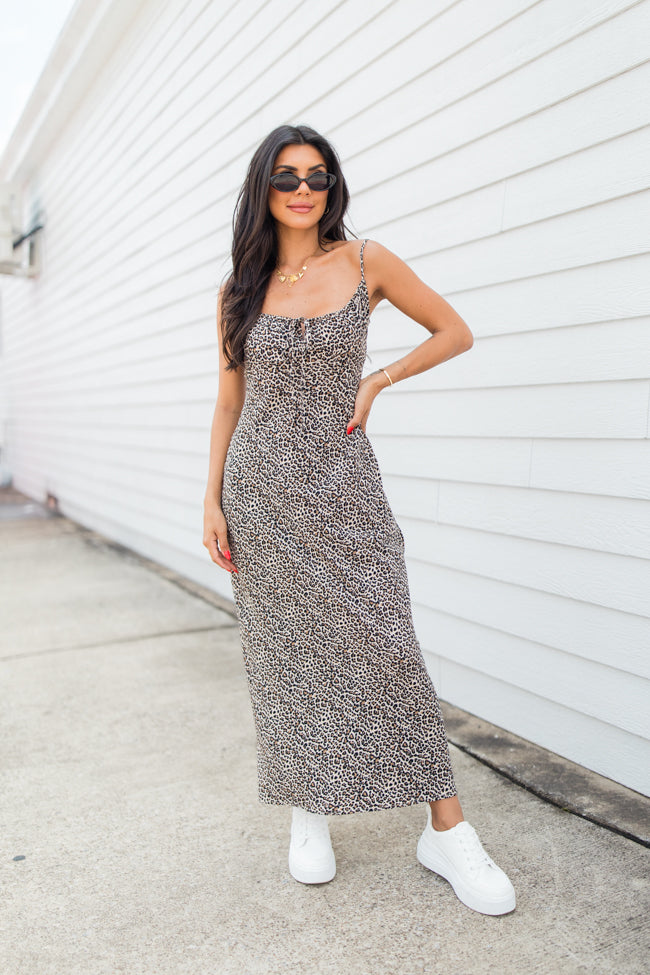 Be My Muse Shirred Neck Taupe Leopard Midi Dress Sale Online Online