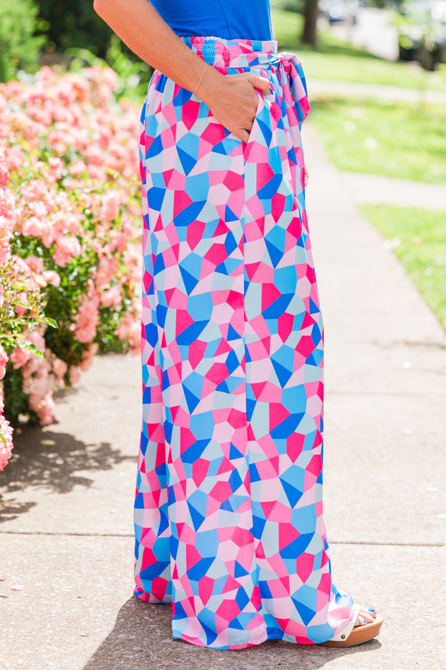 Fashionably Late Geometric Blue And Pink Belted Pants With Credit Card Free Shipping