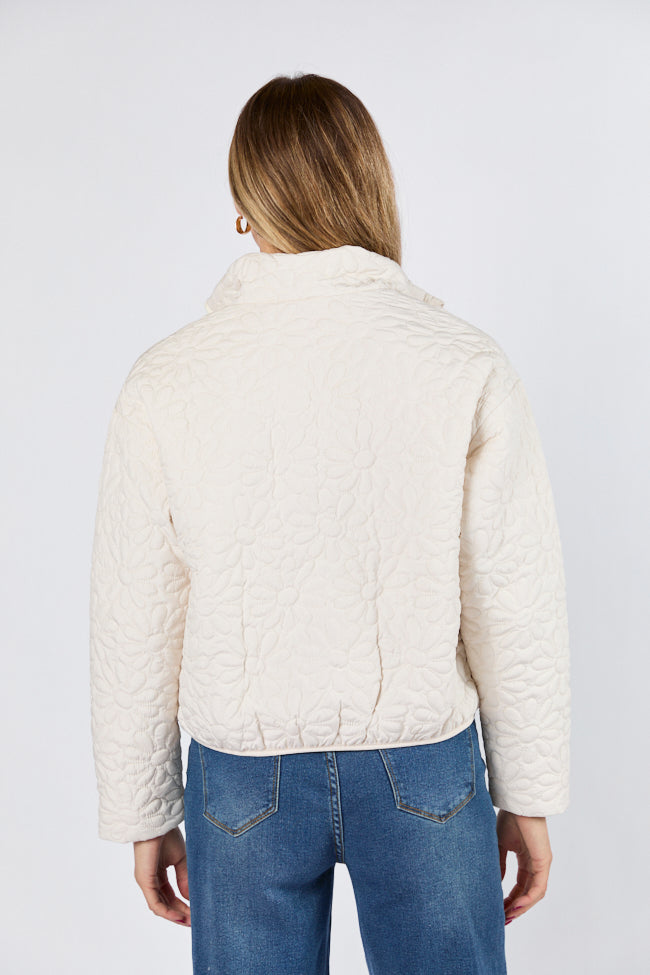 Full Bloom Cream Flower Quilted Zip Up Jacket Sale Affordable