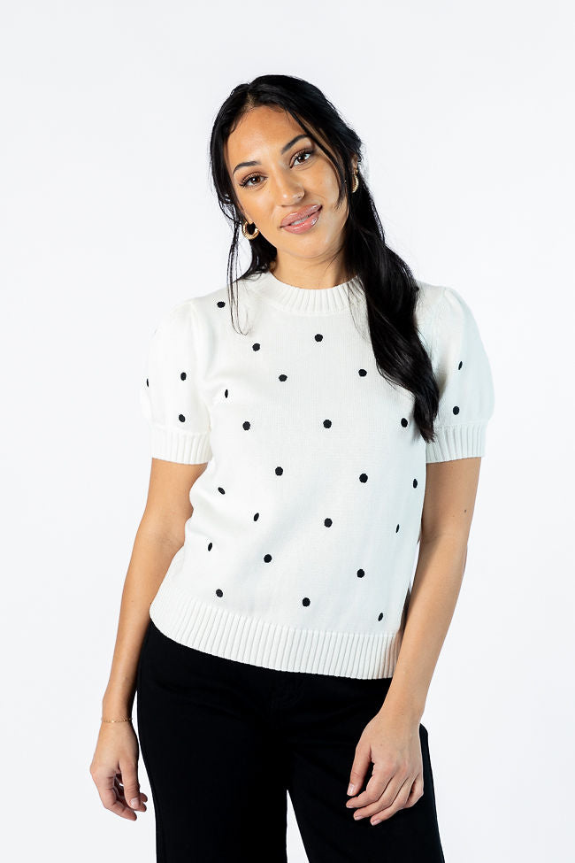 Polka Dot Daydreams Ivory and Black Short Sleeve Sweater Buy Cheap Excellent