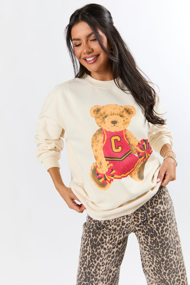 Vintage Red and Gold Cheer Teddy Bear Cream Oversized Graphic Sweatshirt Looking For For Sale