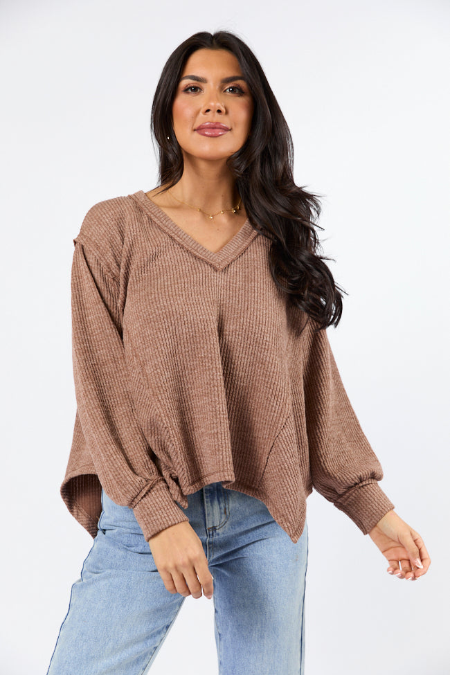 Never Say Never Mocha Ribbed Knit V-Neck Long Sleeve Top Cheap Sale Low Pice