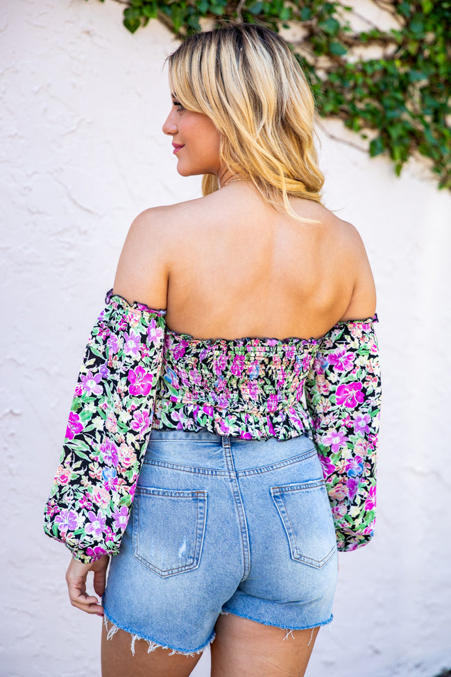 Sonic Blooms Black Floral Off The Shoulder Long Sleeve Blouse FINAL SALE Free Shipping Nicekicks