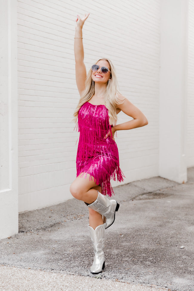 Just Ask Me Pink Sequin Fringe Tank Mini Dress FINAL SALE Clearance Fast Delivery