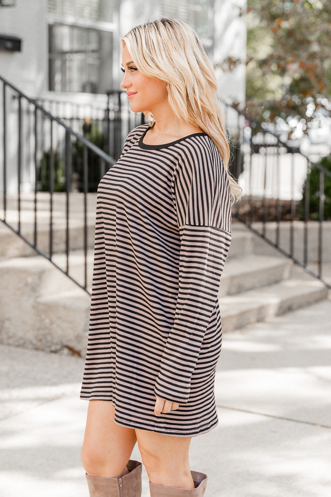 Brown and Black Striped Long Sleeve Ribbed T-Shirt Dress FINAL SALE Fashion Style Online