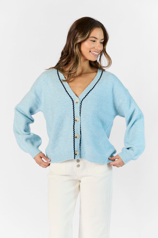 Good Graces Blue and Navy Rickrack Trim Cardigan Discount Pay With Paypal