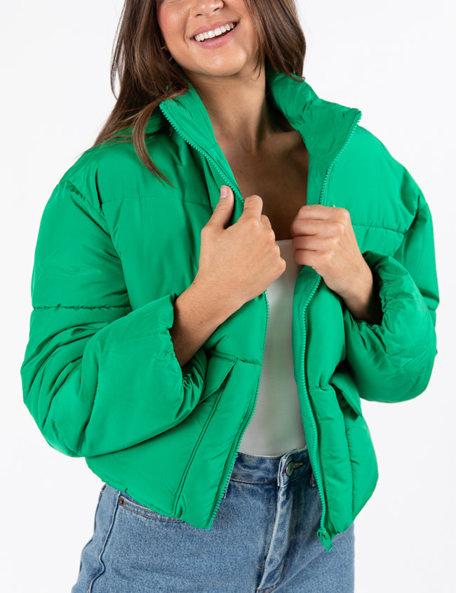 I Heard The Bells Green Front Pocket Puffer Jacket FINAL SALE Brand New Unisex Cheap Online