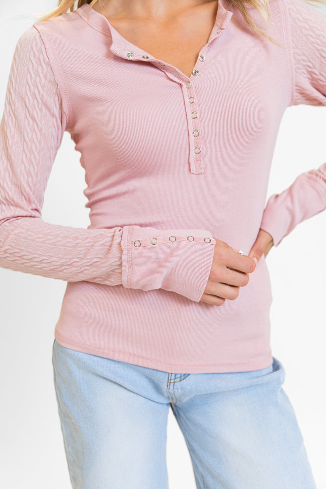 All The Better Light Pink Cable Knit Sleeve Knit Henley Top FINAL SALE Sale Outlet