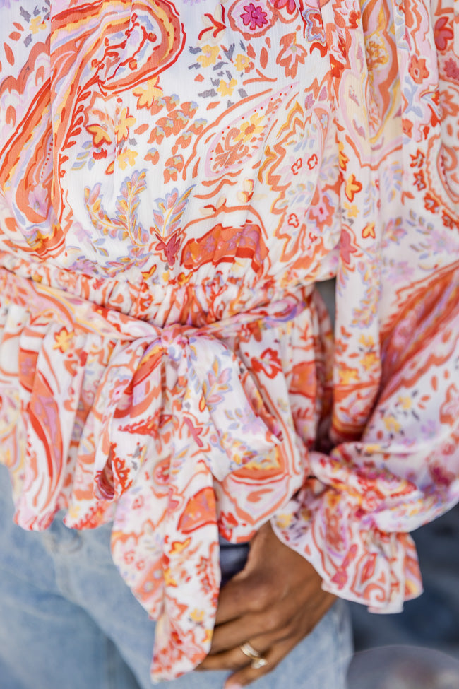 Off The Path Orange Paisley Off The Shoulder Belted Blouse FINAL SALE Free Shipping Best Place