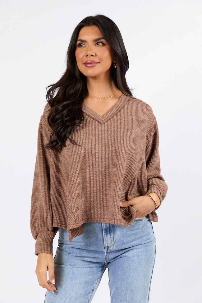 Never Say Never Mocha Ribbed Knit V-Neck Long Sleeve Top Cheap Sale Low Pice