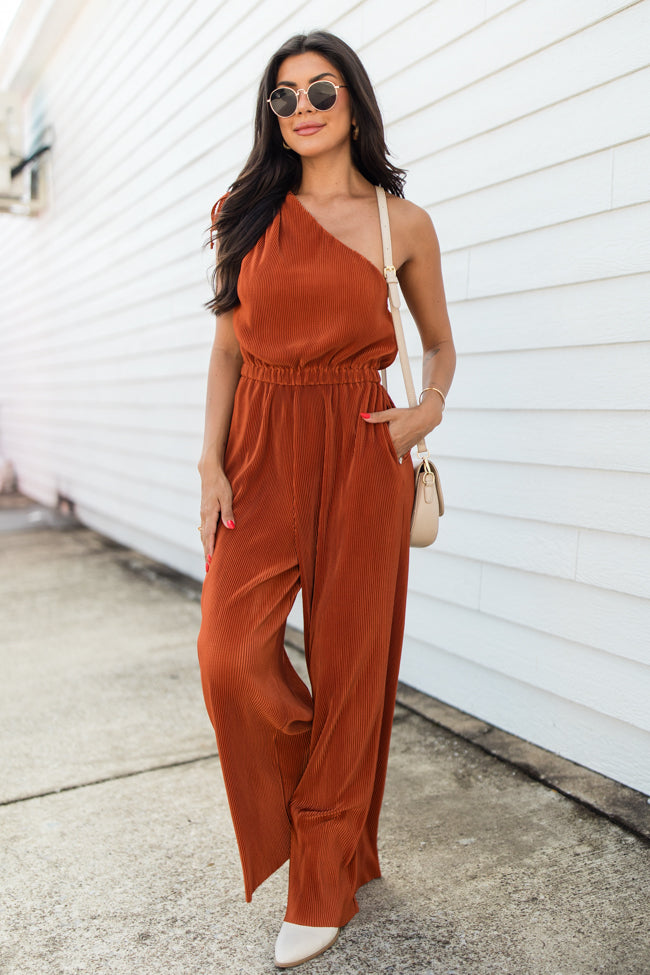 Sent From Above Rust One Shoulder Plisse Jumpsuit FINAL SALE For Sale Online