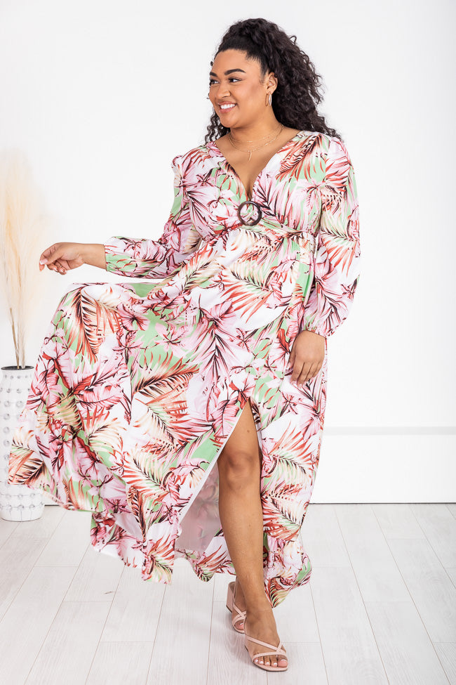 Where I Want To Be Pink and Green Tropical Printed Long Sleeve Maxi Dress FINAL SALE Free Shipping Cheap