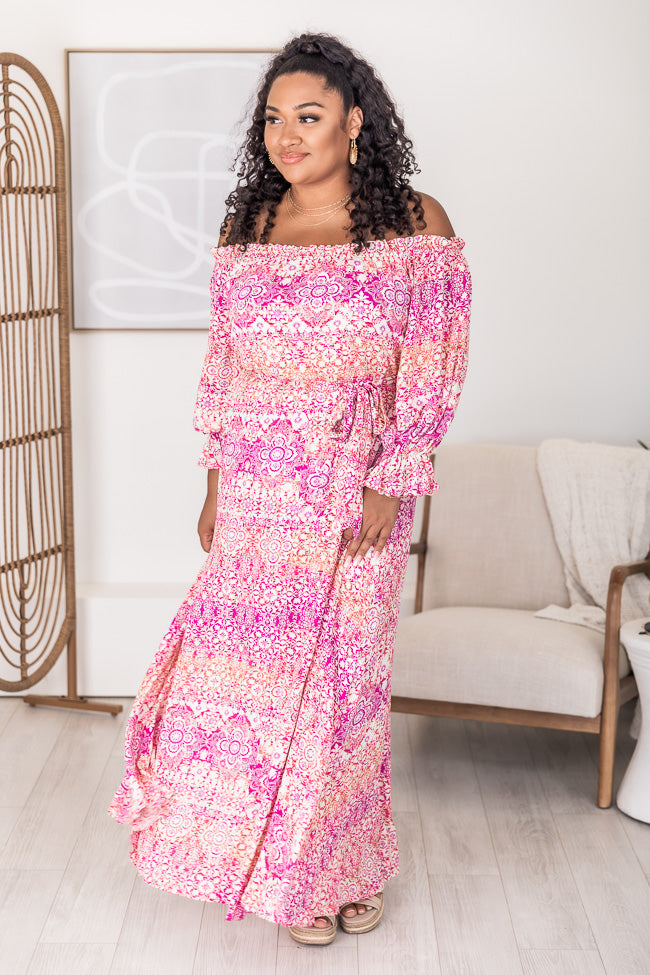 Dynamic Love Pink Printed Off The Shoulder Maxi Dress FINAL SALE Clearance For Cheap