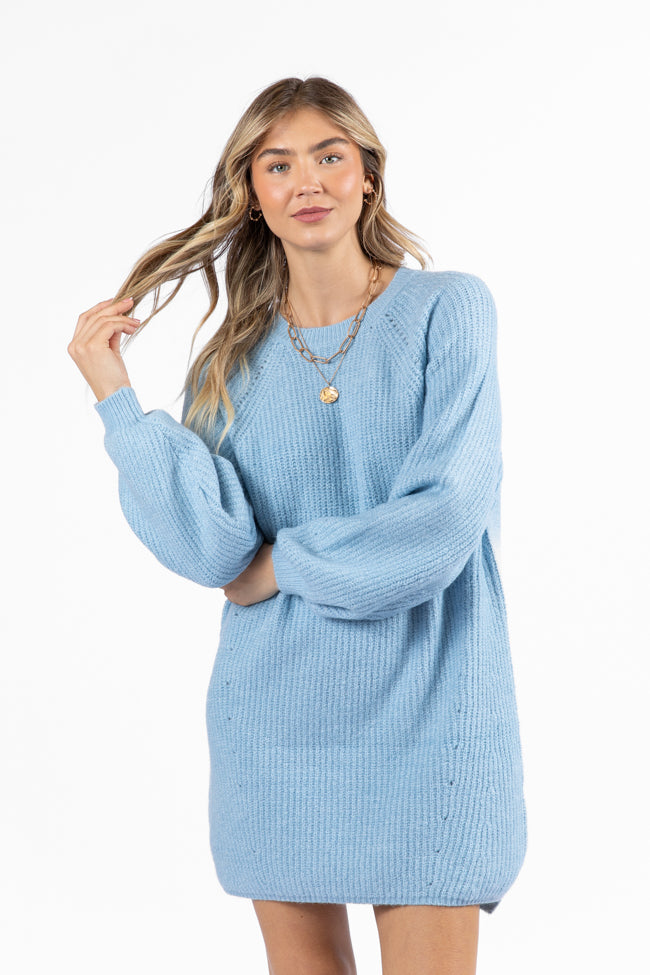 Sweet and Simple Sky Blue Crewneck Sweater Dress SALE Cheap Fake