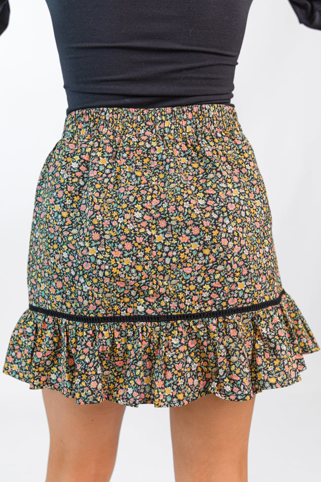 What's The Tea Black Button Front Floral Mini Skort FINAL SALE