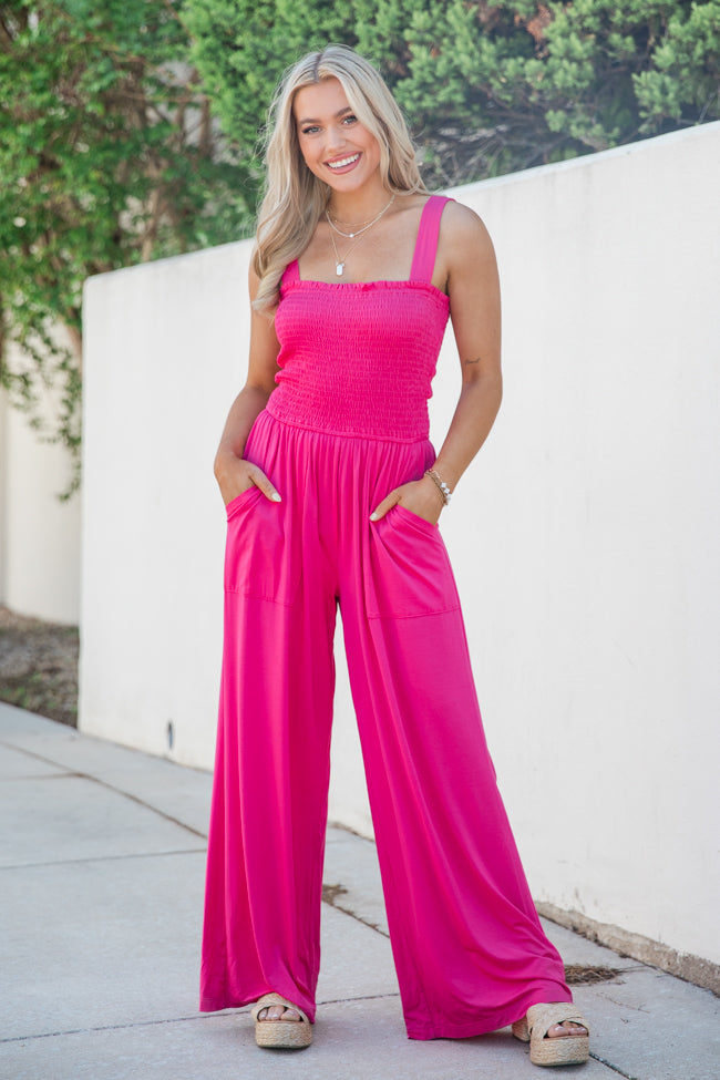 Walking In Paradise Hot Pink Smocked Top Woven Jumpsuit Clearance Genuine