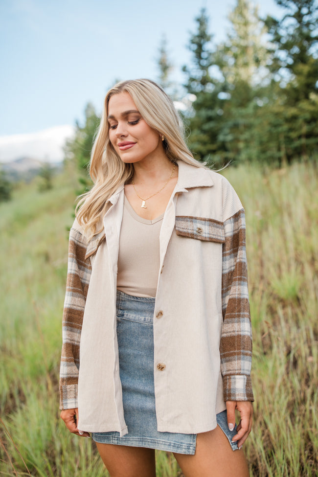 Talking My Language Beige and Brown Plaid Sleeve Shacket FINAL SALE Discount Big Sale