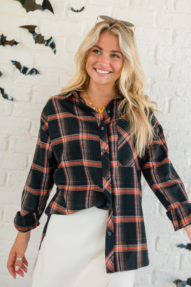 Made Me Realize Black and Orange Plaid Button Front Shirt FINAL SALE Outlet For Nice