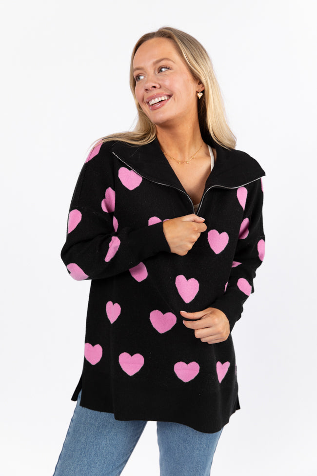 Pulling Heartstrings Black and Pink Heart Print Quarter Zip Pullover FINAL SALE Discount Fashionable