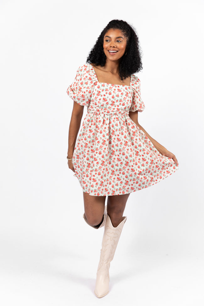 I'm Just A Girl Ivory and Red Rosette Printed Mini Dress Kalee Rogers X Pink Lily FINAL SALE