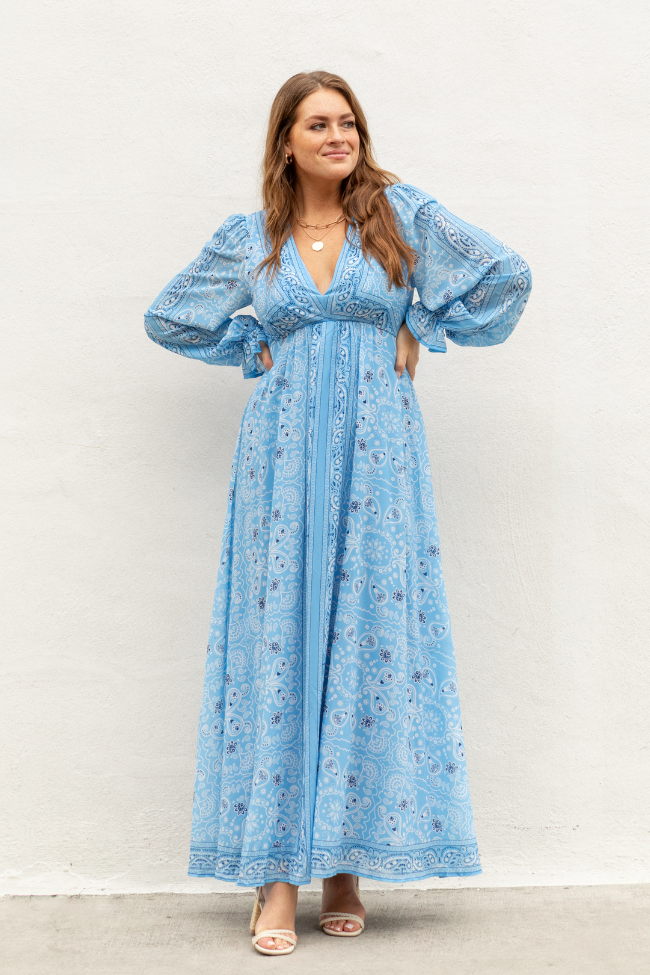 It's On Me Blue Bandana Print Maxi Dress