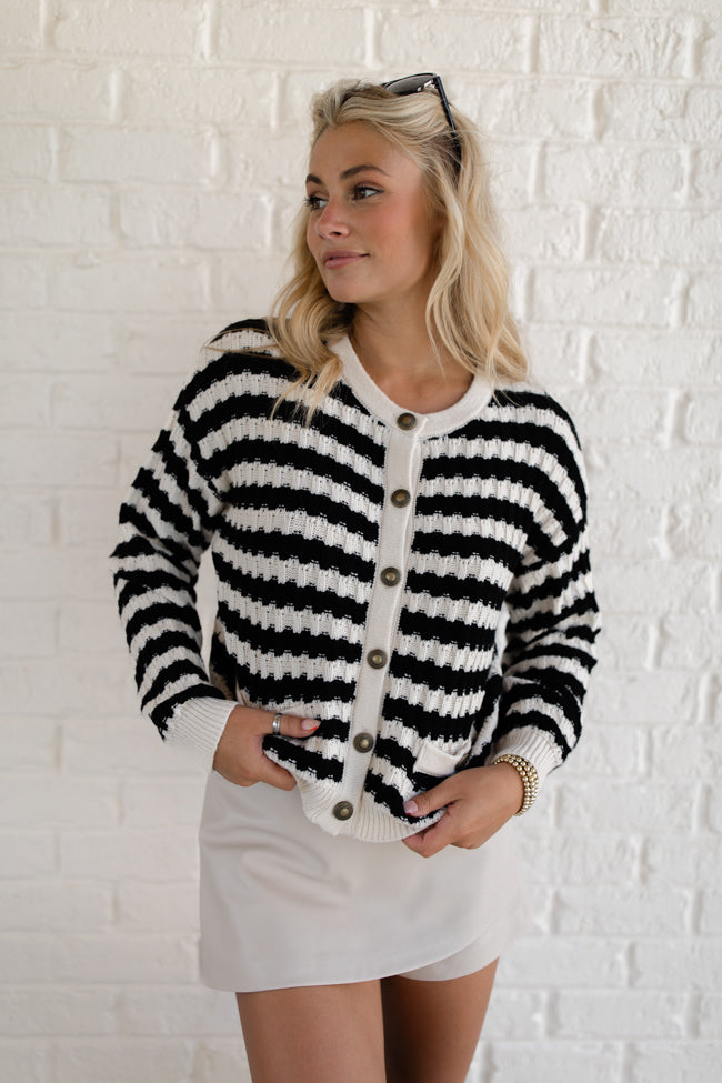 Just Say When Black and Ivory Striped Textured Cardigan FINAL SALE Enjoy Online