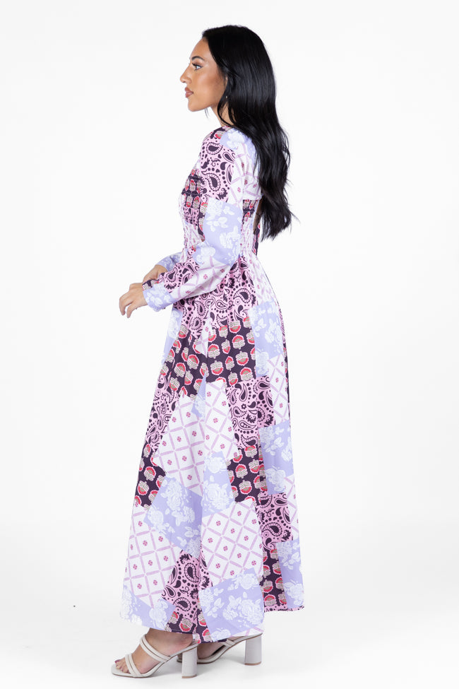 Falling Petals Purple Patchwork Printed Maxi Dress Comfortable Online