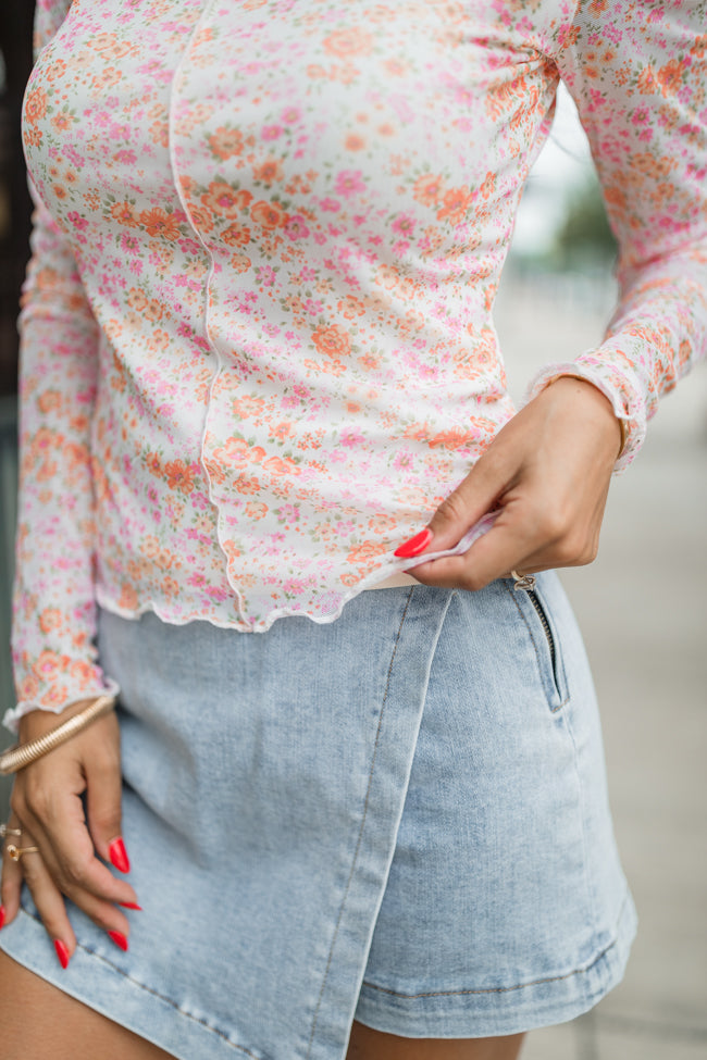 Take Me Anywhere Pink and Orange Floral Mesh Sleeve Mock Neck Top FINAL SALE Finishline Online