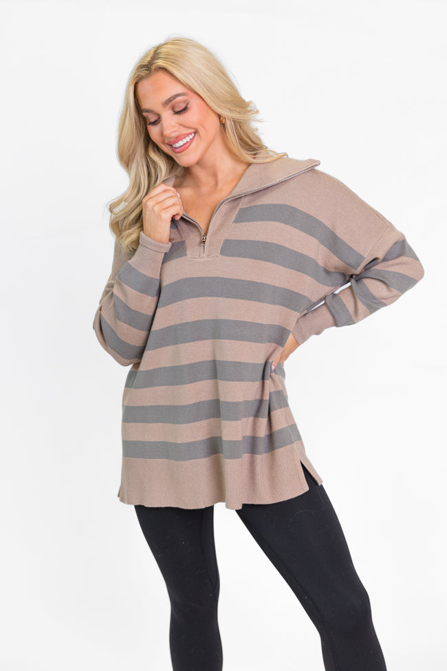 Pulling Heartstrings Taupe Striped Quarter Zip Pullover Quality From China Wholesale