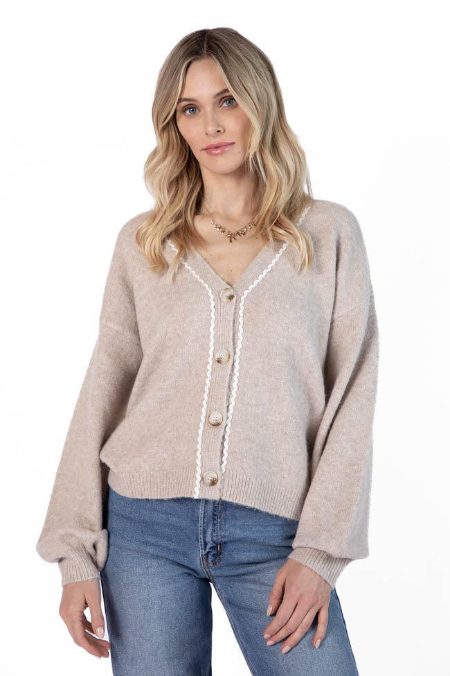 Good Graces Beige and Ivory Rickrack Trim Cardigan Many Kinds Of Sale Online