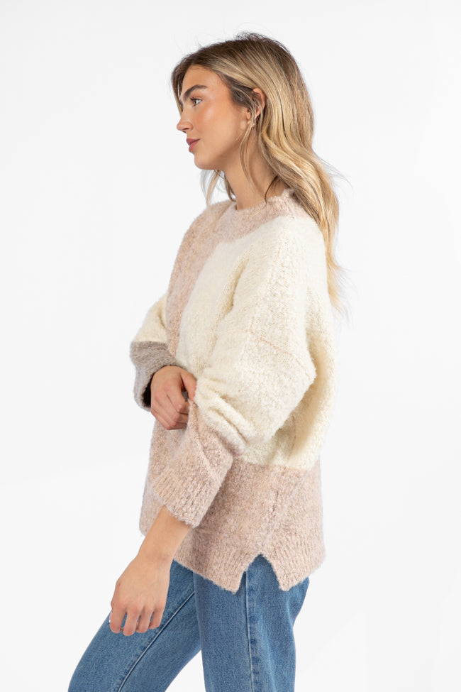 All On You Beige Multi Fuzzy Colorblock Mock Neck Sweater Cheap With Mastercard