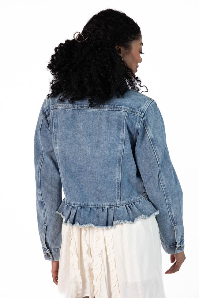 Denim Dreams Light Wash Peplum Detail Denim Jacket Cheap Sale Really