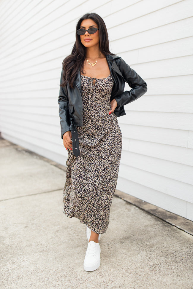 Be My Muse Shirred Neck Taupe Leopard Midi Dress Sale Online Online