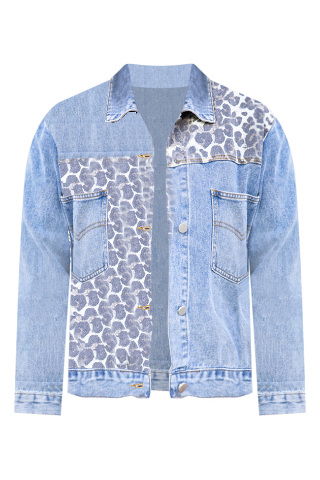 Head For The Next Town Leopard Print Medium Wash Denim Jacket FINAL SALE Free Shipping For Sale