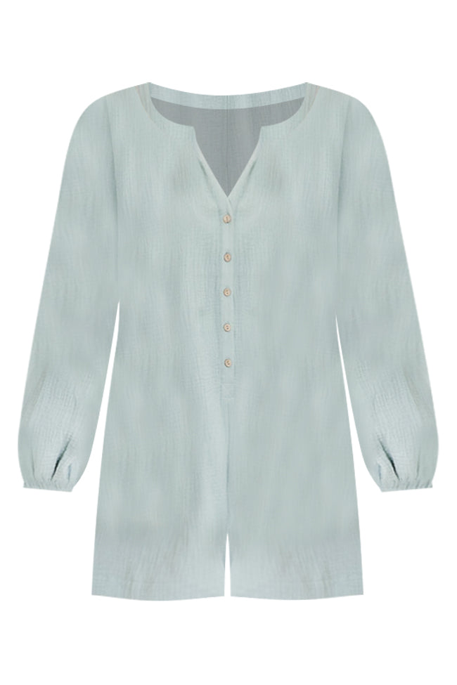 Love Your Destiny Dusty Blue Long Sleeve Button Up Romper FINAL SALE Wide Range Of Online