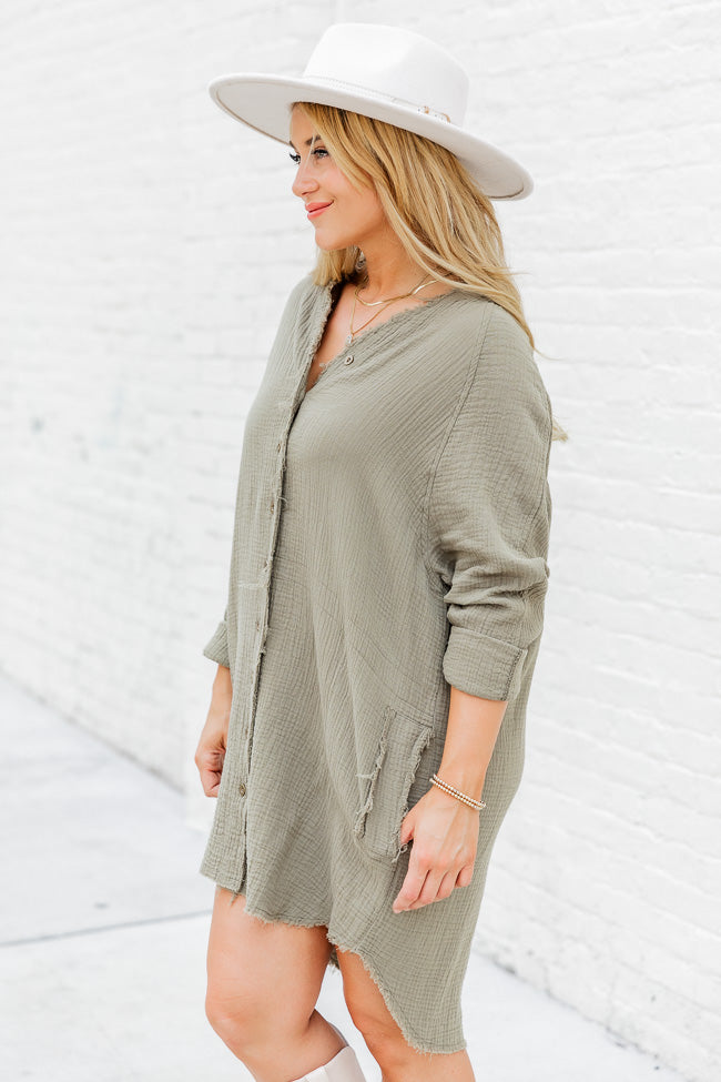 Catching Up Olive Gauze Button Up Dress FINAL SALE Cheap Sale Shop For