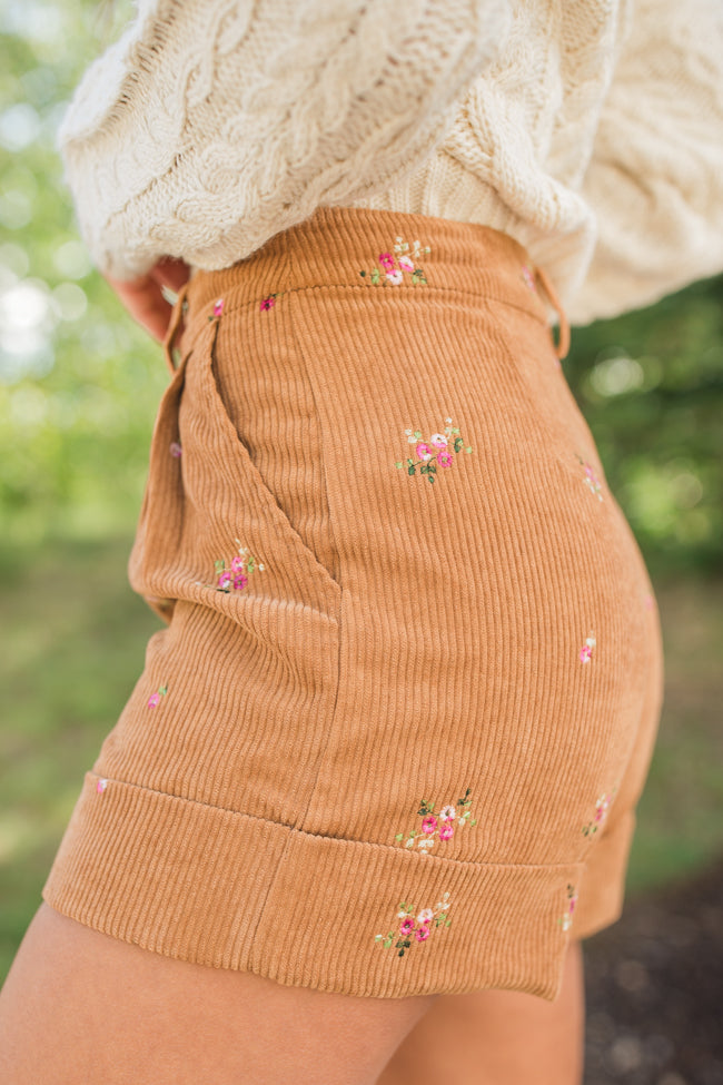 So Glad We're Buds Brown Floral Embroidered Corduroy Shorts FINAL SALE