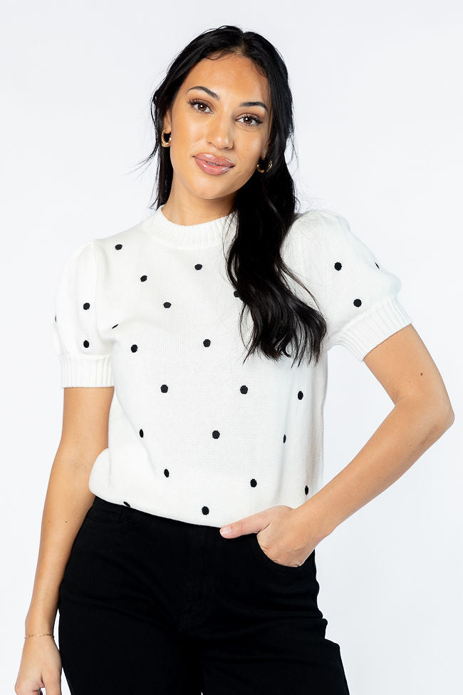 Polka Dot Daydreams Ivory and Black Short Sleeve Sweater Buy Cheap Excellent