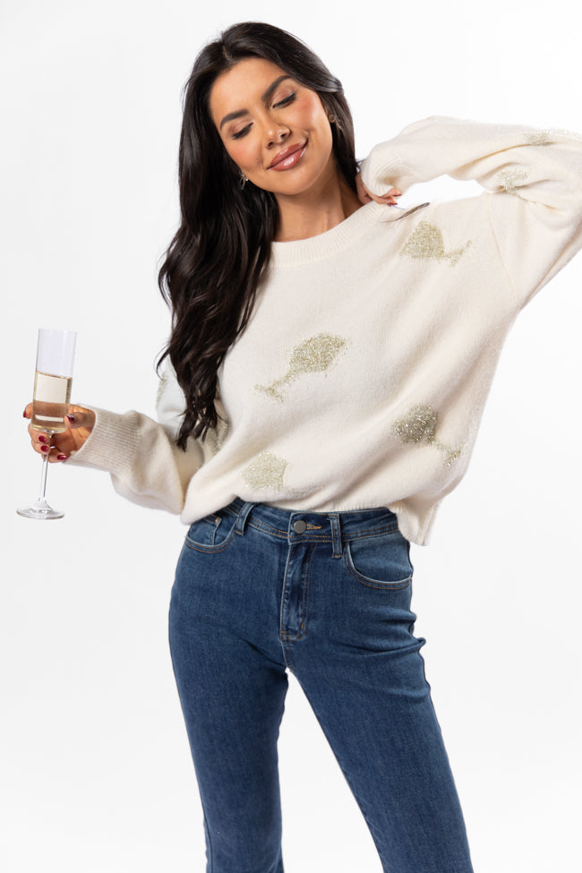 Pop The Bubbly Glitter Wine Glass Embroidered Cream Sweater SALE Sale Free Shipping