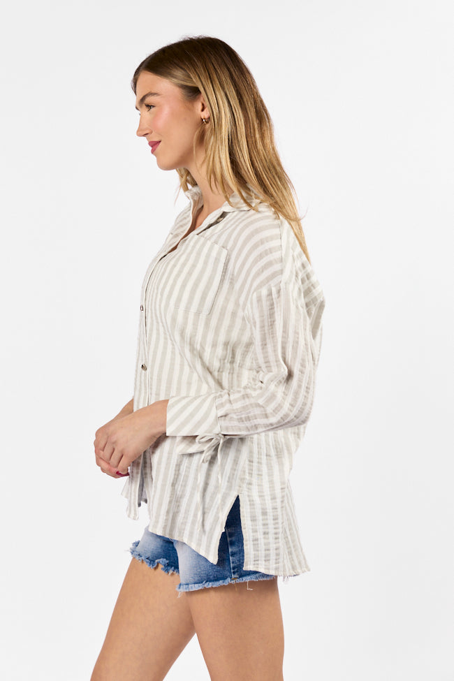 Cruel Summer Tan and Ivory Striped Gauze Button Down Top Wholesale Pice