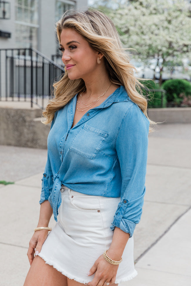 Simplify Life Medium Tie Front Chambray Blouse Ebay