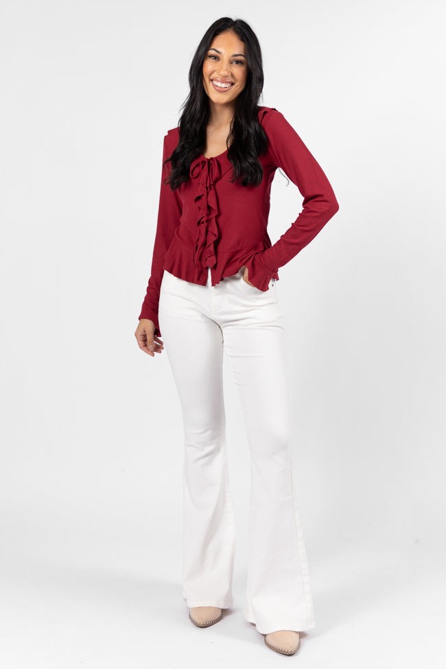 Treat You The Same Wine Ruffle Detail Ribbed Blouse FINAL SALE Cheap Sale The Cheapest