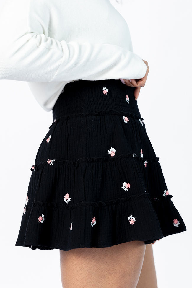 Through The Garden Black Gauze Floral Mini Skort Sale Recommend