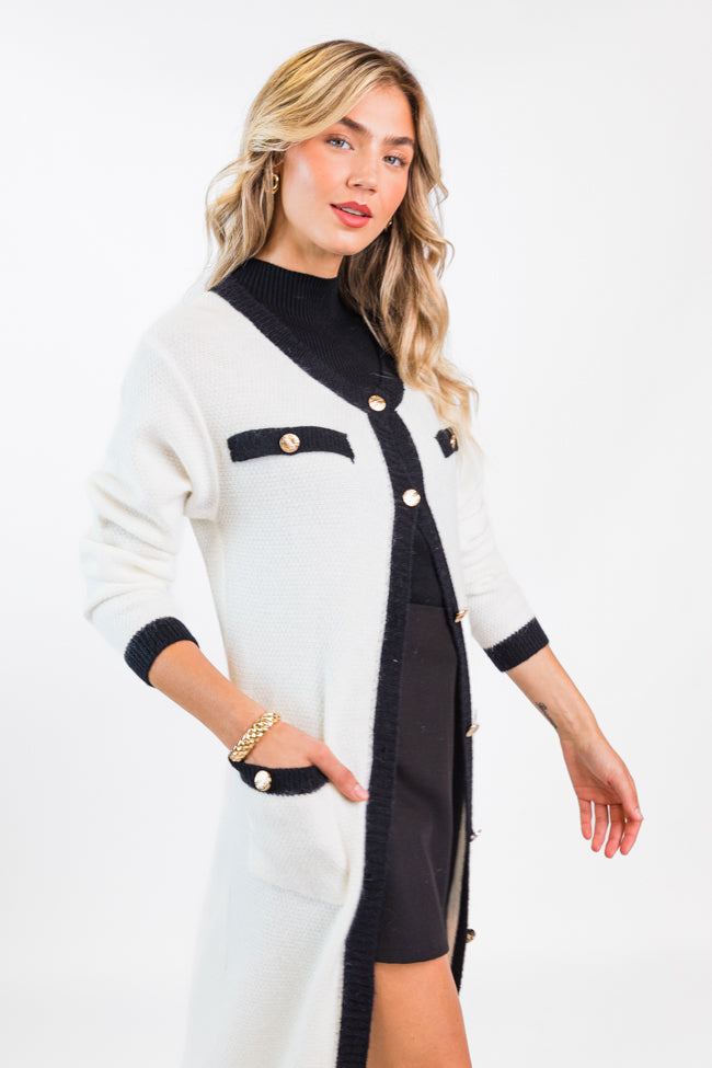 On Your Time Ivory and Black Long Button Front Cardigan FINAL SALE Cheap Sale Looking For