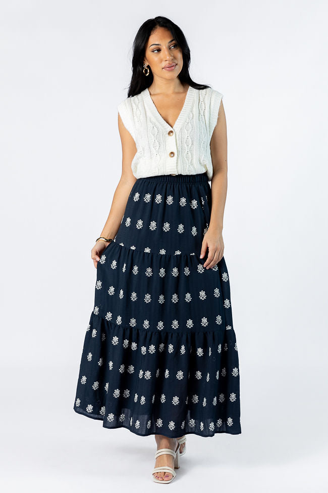 No Place Like This Navy Embroidered Maxi Skirt Clearance Purchase