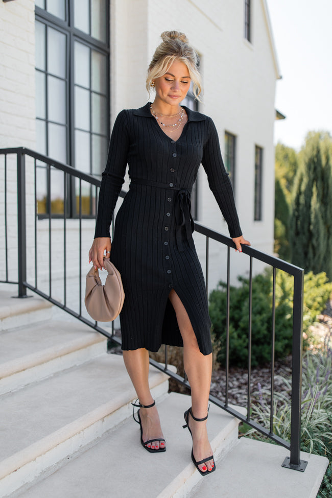 Simple Style Black Button Detail Ribbed Midi Dress FINAL SALE 2025 New Sale Online